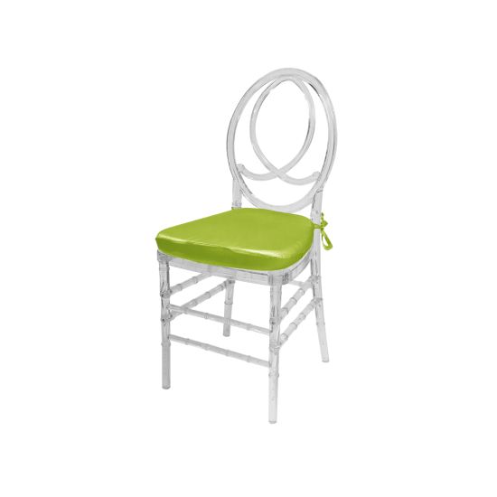 Clear resin Infinity chair with Lime Green cushioned seat, intertwined figure-8 backrest and sleek transparent frame for upscale event seating