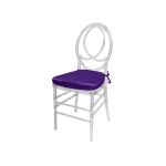 Clear resin Infinity chair with Purple cushioned seat, intertwined figure-8 backrest and sleek transparent frame for upscale event seating