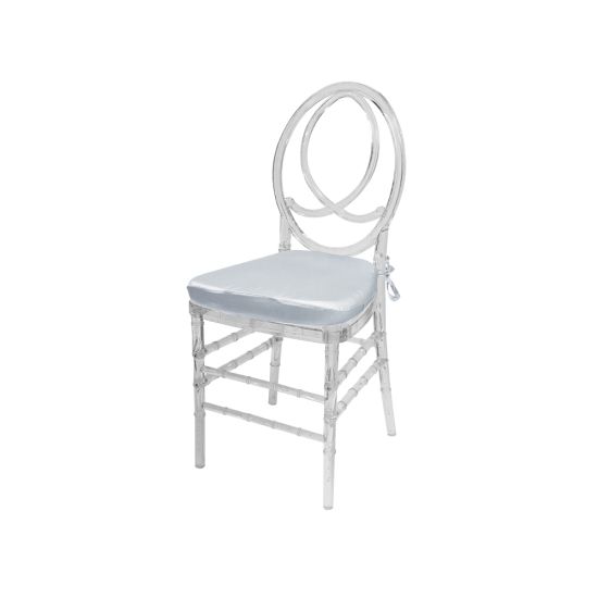 Clear resin Infinity chair with Silver cushioned seat, intertwined figure-8 backrest and sleek transparent frame for upscale event seating