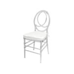 Clear resin Infinity chair with White cushioned seat, intertwined figure-8 backrest and sleek transparent frame for upscale event seating