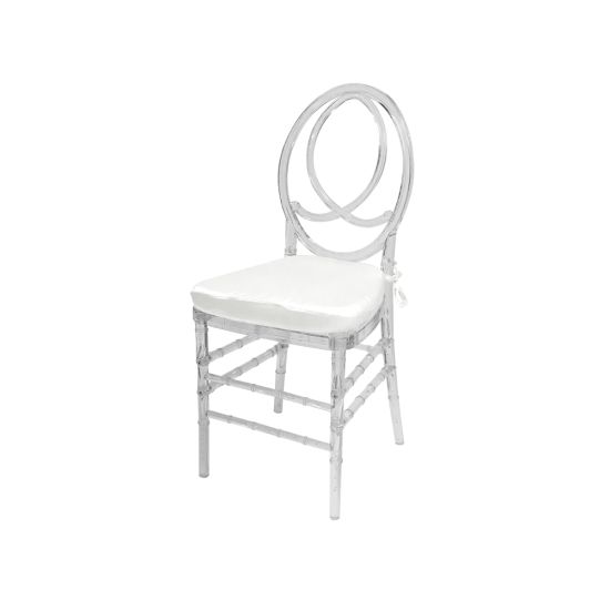Clear resin Infinity chair with White cushioned seat, intertwined figure-8 backrest and sleek transparent frame for upscale event seating