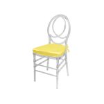Clear resin Infinity chair with Yellow cushioned seat, intertwined figure-8 backrest and sleek transparent frame for upscale event seating