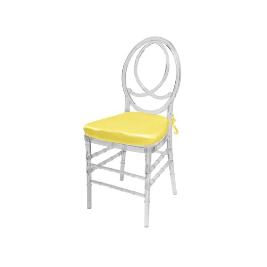 Clear resin Infinity chair with Yellow cushioned seat, intertwined figure-8 backrest and sleek transparent frame for upscale event seating
