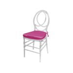 Clear resin Infinity chair with Fuchsia cushioned seat, intertwined figure-8 backrest and sleek transparent frame for upscale event seating