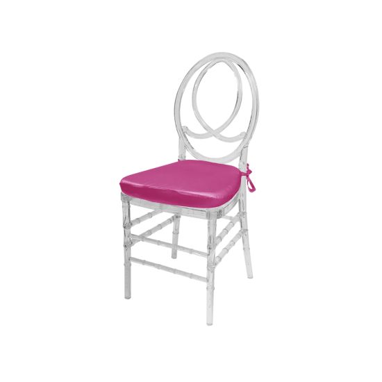 Clear resin Infinity chair with Fuchsia cushioned seat, intertwined figure-8 backrest and sleek transparent frame for upscale event seating