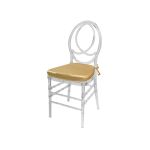 Clear resin Infinity chair with Gold cushioned seat, intertwined figure-8 backrest and sleek transparent frame for upscale event seating