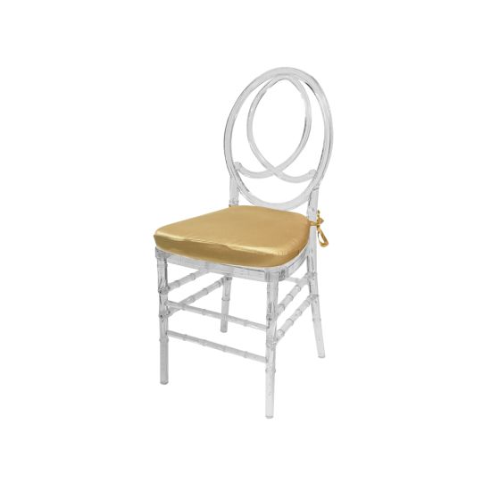 Clear resin Infinity chair with Gold cushioned seat, intertwined figure-8 backrest and sleek transparent frame for upscale event seating