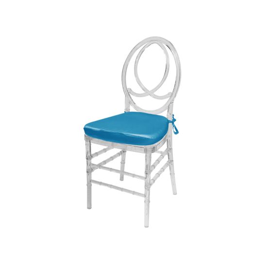 Clear resin Infinity chair with Turquoise cushioned seat, intertwined figure-8 backrest and sleek transparent frame for upscale event seating