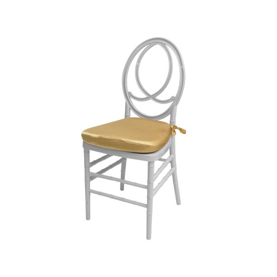 White resin Infinity chair with Gold cushioned seat, interlocking loop backrest and sleek frame for stylish event guest seating