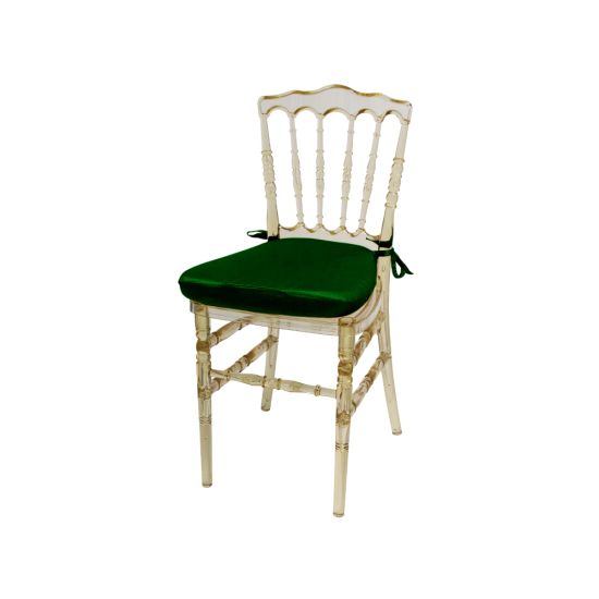 Amber resin Napoleon chair with Emerald Green cushioned seat, high spindled backrest and translucent event-grade frame