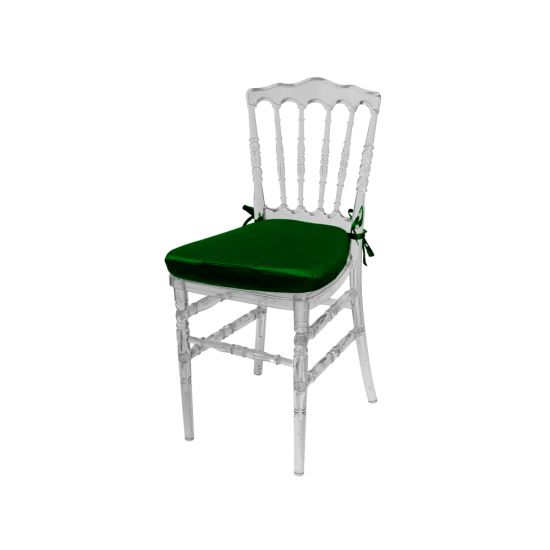 Clear resin Napoleon chair with Emerald Green cushioned seat, high spindled backrest and transparent frame for luxury event seating