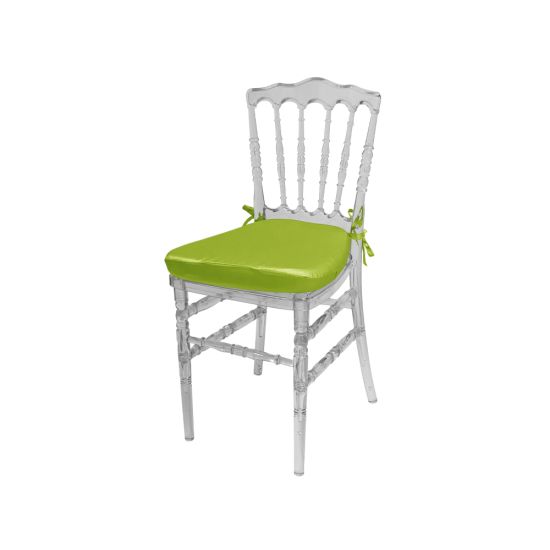 Clear resin Napoleon chair with Lime Green cushioned seat, high spindled backrest and transparent frame for luxury event seating