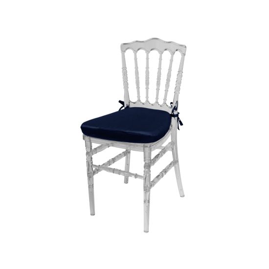 Clear resin Napoleon chair with Navy Blue  cushioned seat, high spindled backrest and transparent frame for luxury event seating