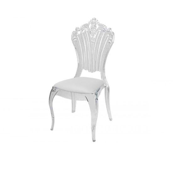 Clear resin Victoria chair with White cushioned seat, tall oval backrest and sleek transparent frame for refined event seating