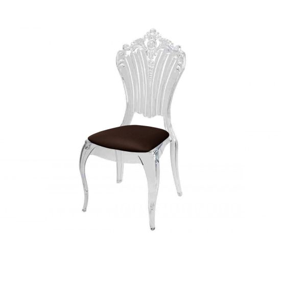 Clear resin Victoria chair with Brown cushioned seat, tall oval backrest and sleek transparent frame for refined event seating