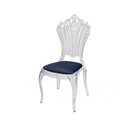 Clear resin Victoria chair with Dark Blue cushioned seat, tall oval backrest and sleek transparent frame for refined event seating