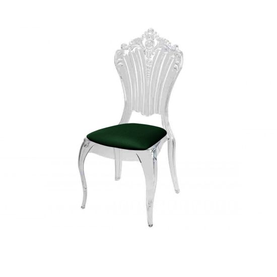 Clear resin Victoria chair with Dark green cushioned seat, tall oval backrest and sleek transparent frame for refined event seating