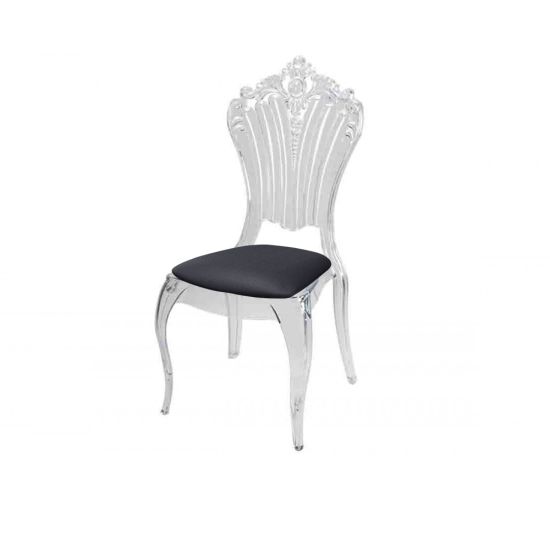 Clear resin Victoria chair with Dark Grey cushioned seat, tall oval backrest and sleek transparent frame for refined event seating