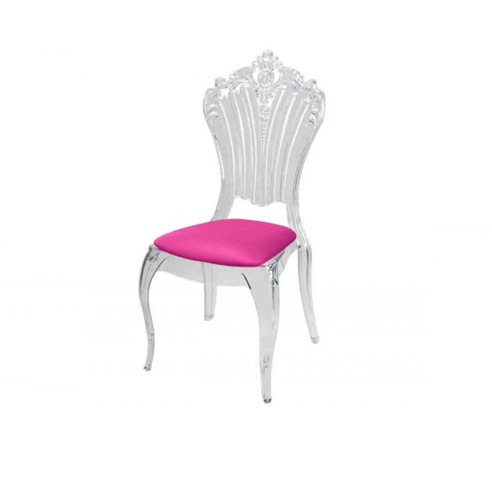Clear resin Victoria chair with Hot Pink cushioned seat, tall oval backrest and sleek transparent frame for refined event seating