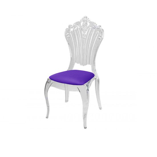 Clear resin Victoria chair with Violet cushioned seat, tall oval backrest and sleek transparent frame for refined event seating
