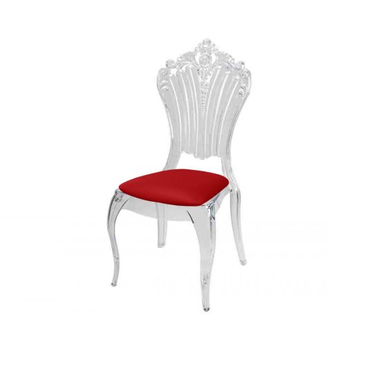 Clear resin Victoria chair with Red cushioned seat, tall oval backrest and sleek transparent frame for refined event seating