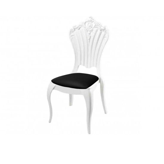 White resin Victoria chair with Black cushioned seat, tall decorative backrest and sleek event-grade frame for upscale guest seating”