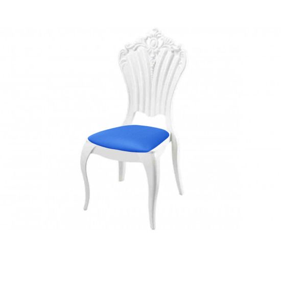 White resin Victoria chair with Blue cushioned seat, tall decorative backrest and sleek event-grade frame for upscale guest seating”