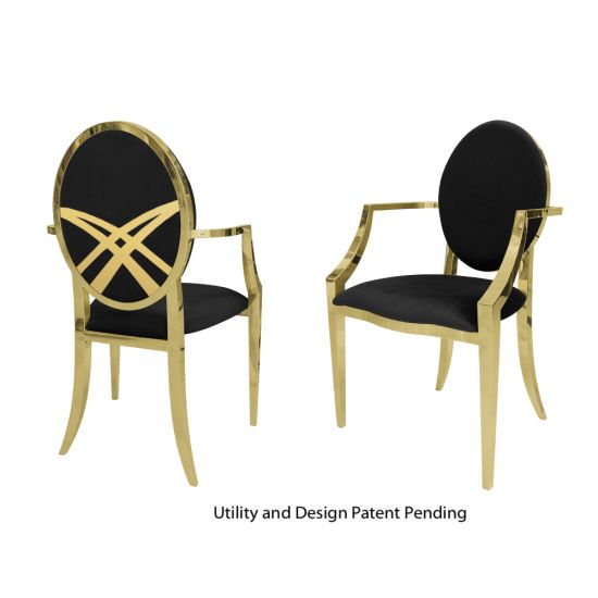 Gold stainless-steel Lasso Armchair with black upholstered seat and back, high backrest and armrests elegant event banquet dining chair.