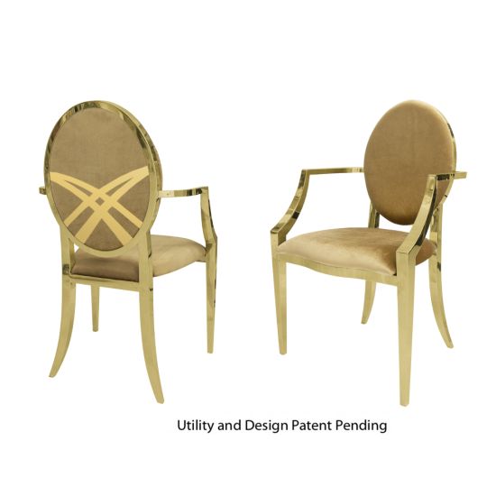 Gold stainless-steel Lasso Armchair with Gold upholstered seat and back, high backrest and armrests  elegant event banquet dining chair.