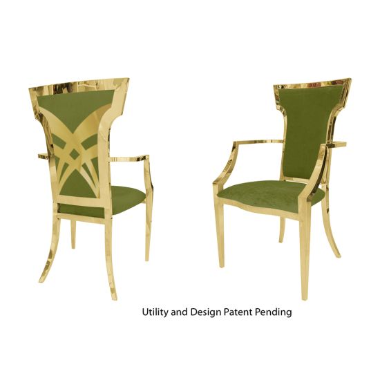 Gold stainless-steel Titan armchair with Moss upholstered seat and back, high backrest and armrests elegant banquet event dining chair.