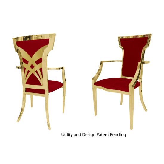 Gold stainless-steel Titan armchair with Red upholstered seat and back, high backrest and armrests elegant banquet event dining chair.
