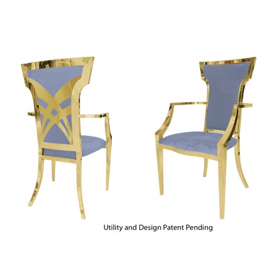 Gold stainless-steel Titan armchair with Dusty Blue upholstered seat and back, high backrest and armrests elegant banquet event dining chair.