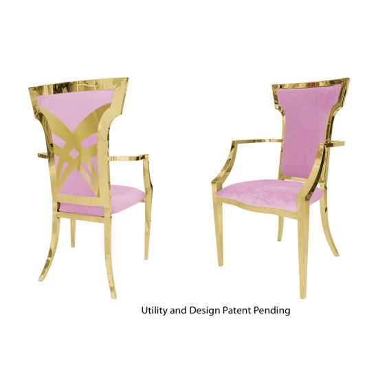 Gold stainless-steel Titan armchair with Light Pink upholstered seat and back, high backrest and armrests elegant banquet event dining chair.