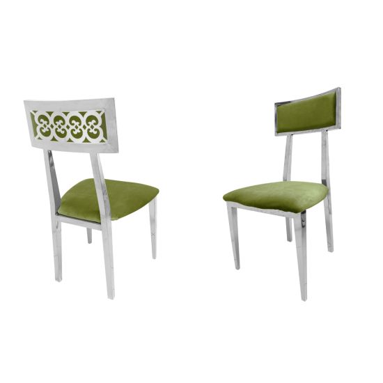 Silver metal Bottega armless banquet chair with Moss upholstered cushion for luxury event seating