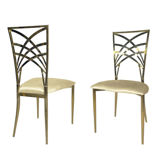 Gold metal Cleopatra armless event chair with Ivory upholstered seat cushion