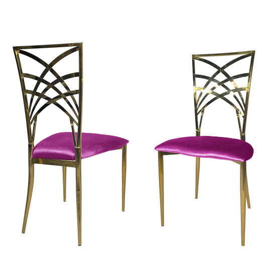 Gold metal Cleopatra armless event chair with Magenta upholstered seat cushion
