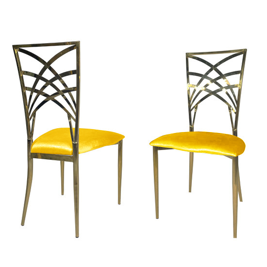 Gold metal Cleopatra armless event chair with Yellow upholstered seat cushion