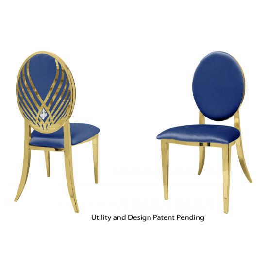 Gold stainless-steel Crystal Swan armless event chair with Royal Blue seat cushion