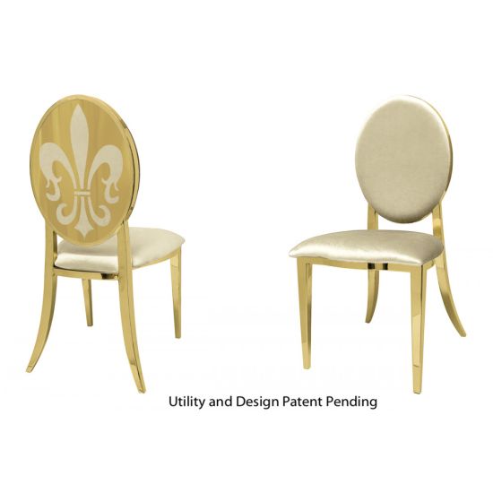 Gold oval-back event chair with black upholstery and Ivory fleur-de-lis emblem on the rear panel