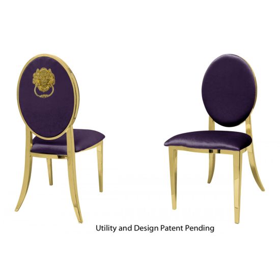 Gold metal Lion armless event chair with Eggplant seat cushion