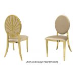 Gold event chair without arms, with high backrest in a shell shape and seat with Champagne cushion, for luxury weddings or galas.