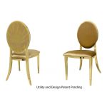 Gold event chair without arms, with high backrest in a shell shape and seat with Gold cushion, for luxury weddings or galas.