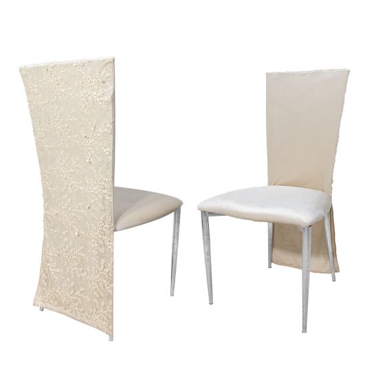 Ivory high-back event chairs with silver legs, featuring embroidered lace and smooth fabric covers with ivory cushioned seats for elegant wedding décor.