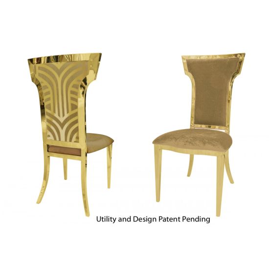 Gold Rockefeller chair with high backrest, decorative rear panel with motif, and Gold padded seat. Luxury chair rental for weddings and exclusive events.