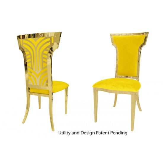 Gold Rockefeller chair with high backrest, decorative rear panel with motif, and Yellow padded seat. Luxury chair rental for weddings and exclusive events.