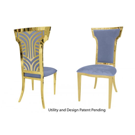 Gold Rockefeller chair with high backrest, decorative rear panel with motif, and Dusty Blue padded seat. Luxury chair rental for weddings and exclusive events.