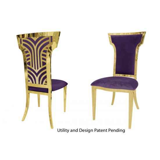 Gold Rockefeller chair with high backrest, decorative rear panel with motif, and Eggplant padded seat. Luxury chair rental for weddings and exclusive events.