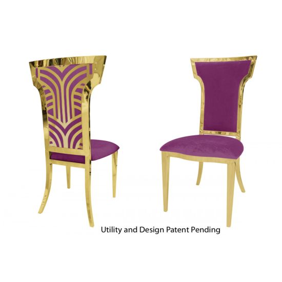 Gold Rockefeller chair with high backrest, decorative rear panel with motif, and Magenta padded seat. Luxury chair rental for weddings and exclusive events.