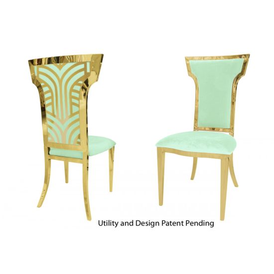 Gold Rockefeller chair with high backrest, decorative rear panel with motif, and Mint padded seat. Luxury chair rental for weddings and exclusive events.