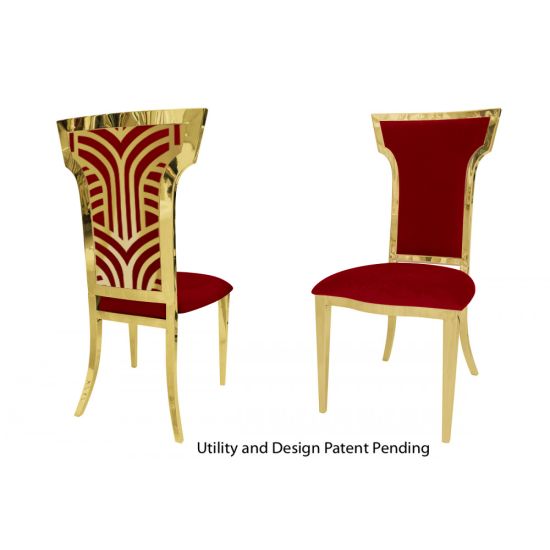 Gold Rockefeller chair with high backrest, decorative rear panel with motif, and Red padded seat. Luxury chair rental for weddings and exclusive events.